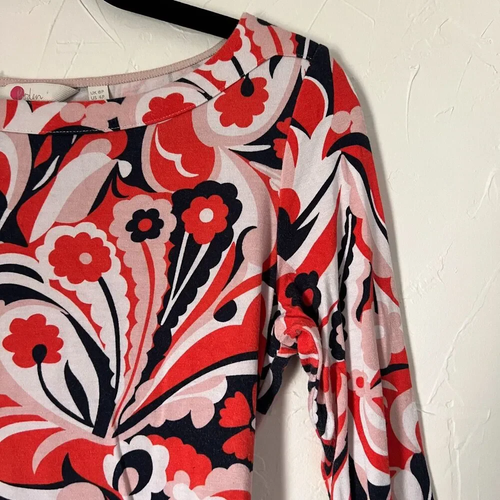 Boden Retro Sylvia Marion Tie Jersey Tunic Dress Floral Pink Red‎ Size 4 Petite